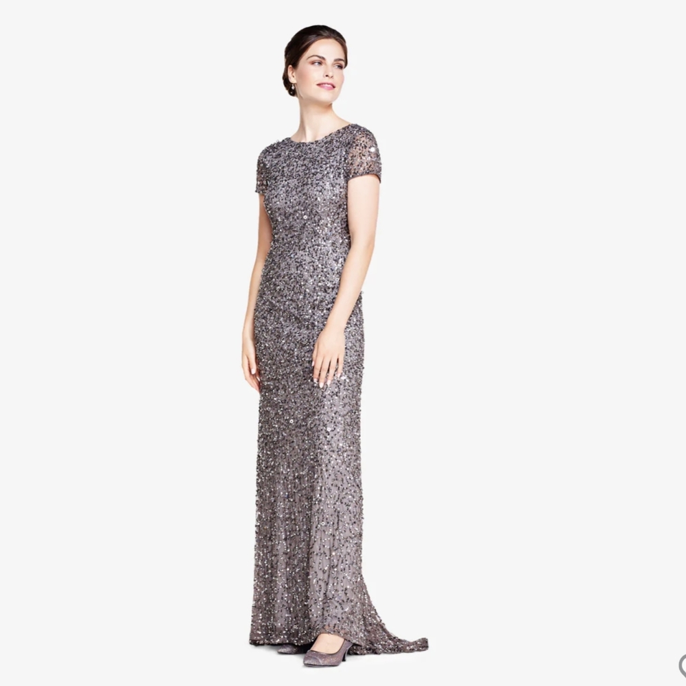 Adrianna Papell Silver Sequin Maxi Dress